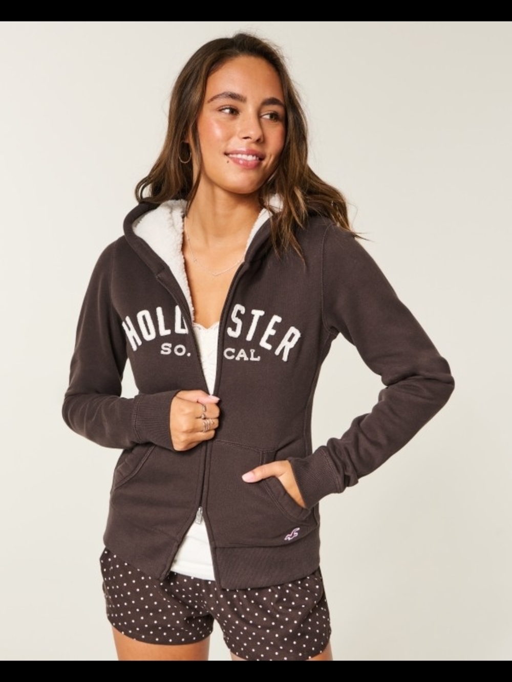 Hollister Brown Zip Hoodie with White Sherpa Lining Like New Size XL - Picture 2 of 4